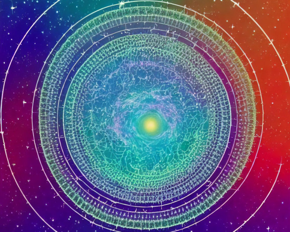 Colorful Cosmic Image with Concentric Circles and Cyrillic Script