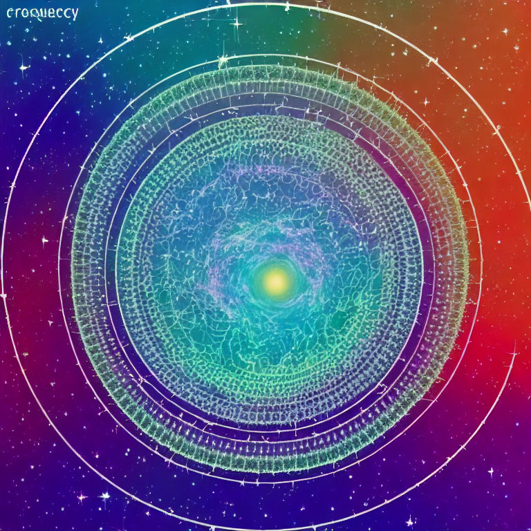 Colorful Cosmic Image with Concentric Circles and Cyrillic Script