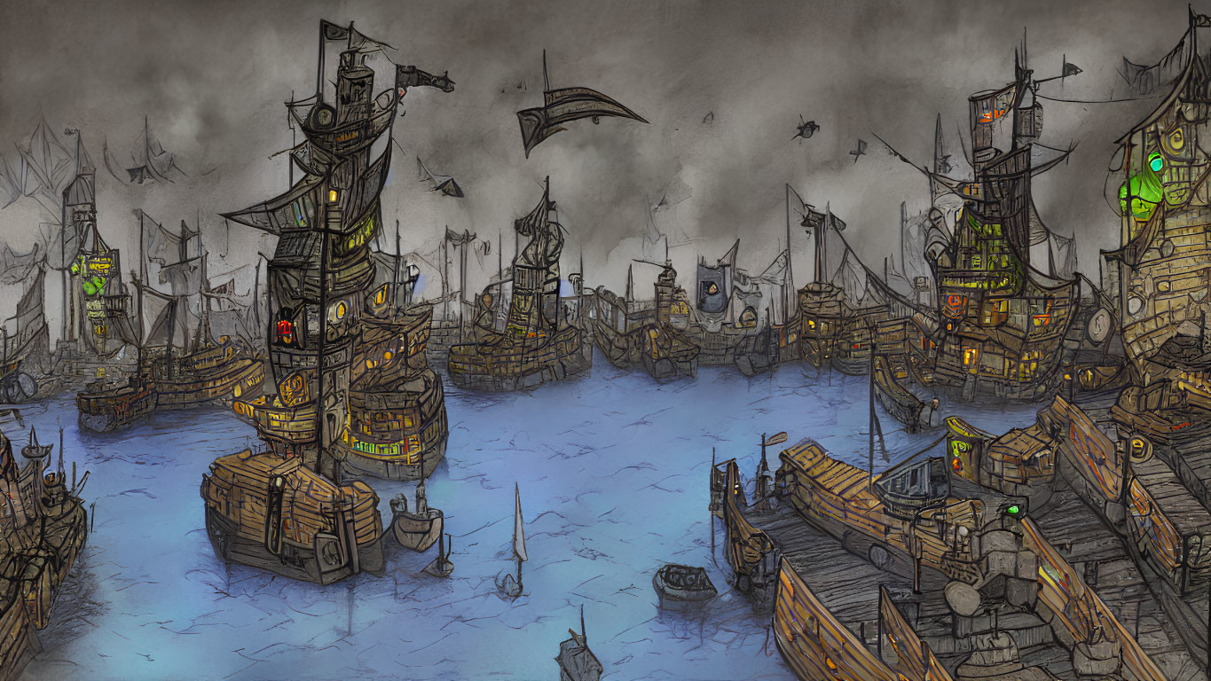 Fantasy pirate ships in eerie harbor under stormy sky
