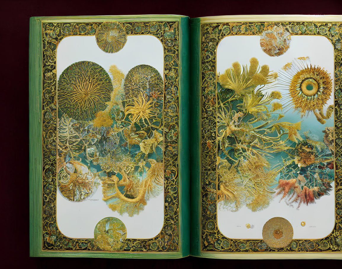 Intricate Marine Life Illustrations on Ornate Open Book