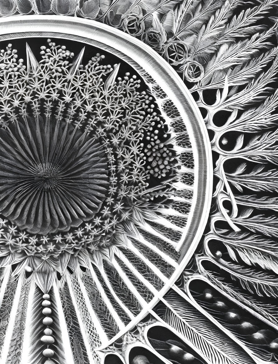 Detailed Black and White Mandala with Feathers, Beads, and Floral Patterns