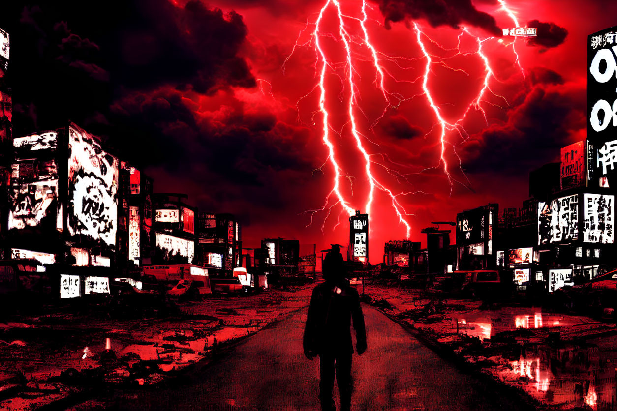 Person in neon-lit city under stormy sky with red lightning bolt