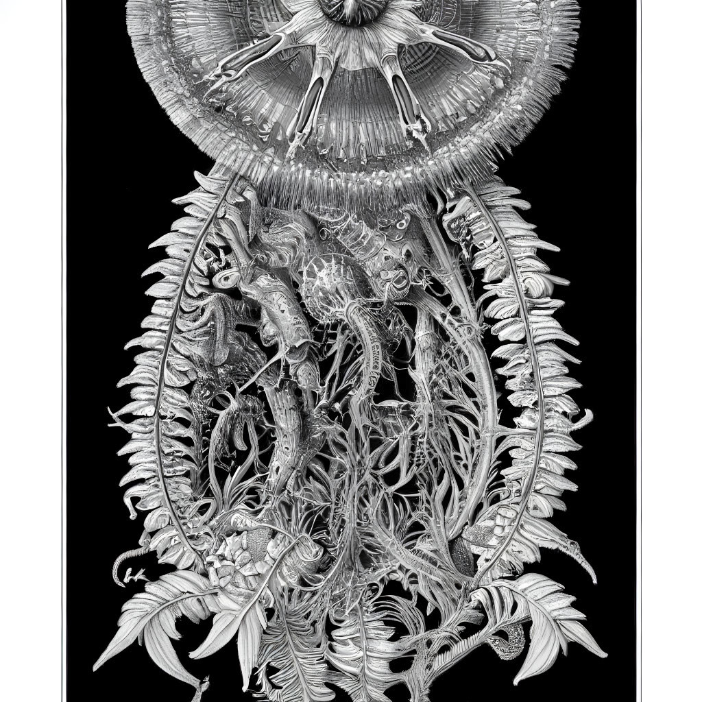 Detailed black and white symmetrical illustration of marine and botanical design