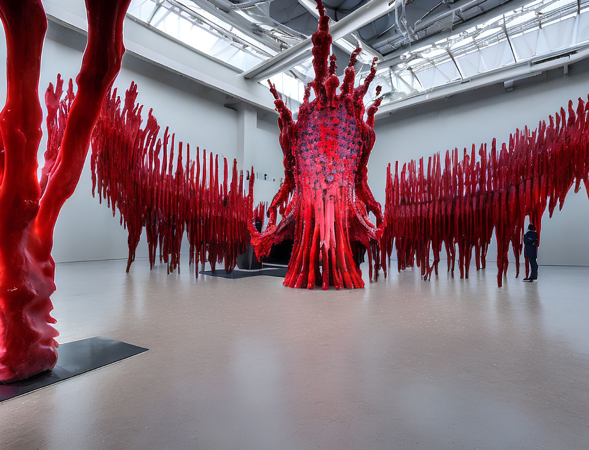 Gigantic red tree-like sculpture in white gallery with onlookers