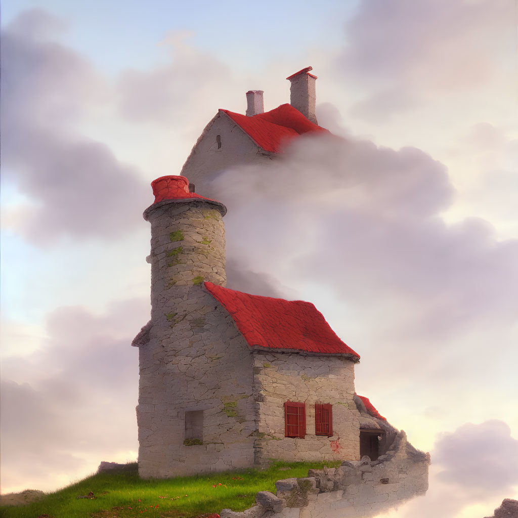 Whimsical stone house with large chimney on cloud-covered peak