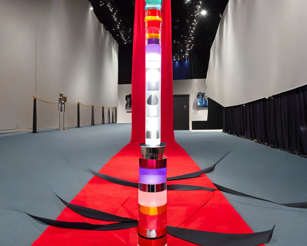 Colorful cylindrical sculpture on red carpet in dimly-lit exhibition hall