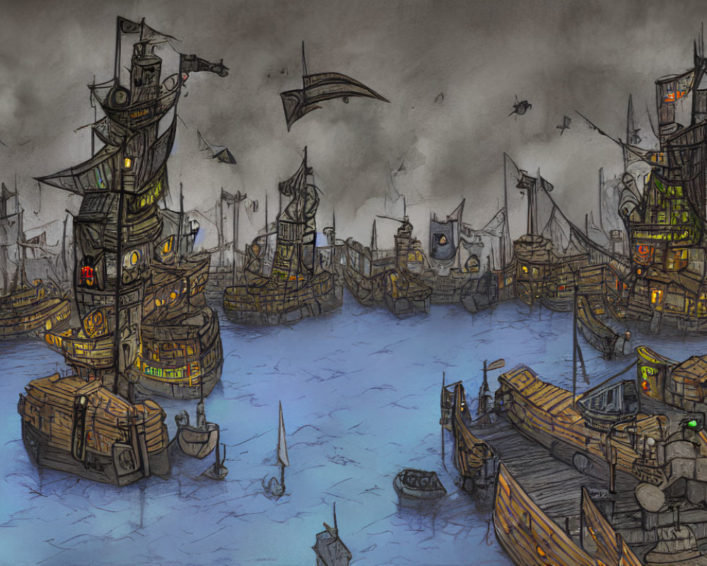 Fantasy pirate ships in eerie harbor under stormy sky