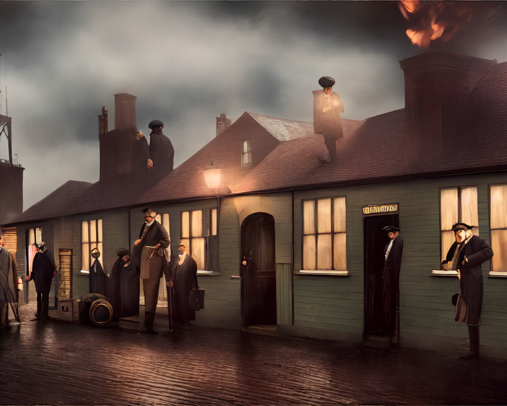 Historical train station scene with clock tower, fog, and fire.