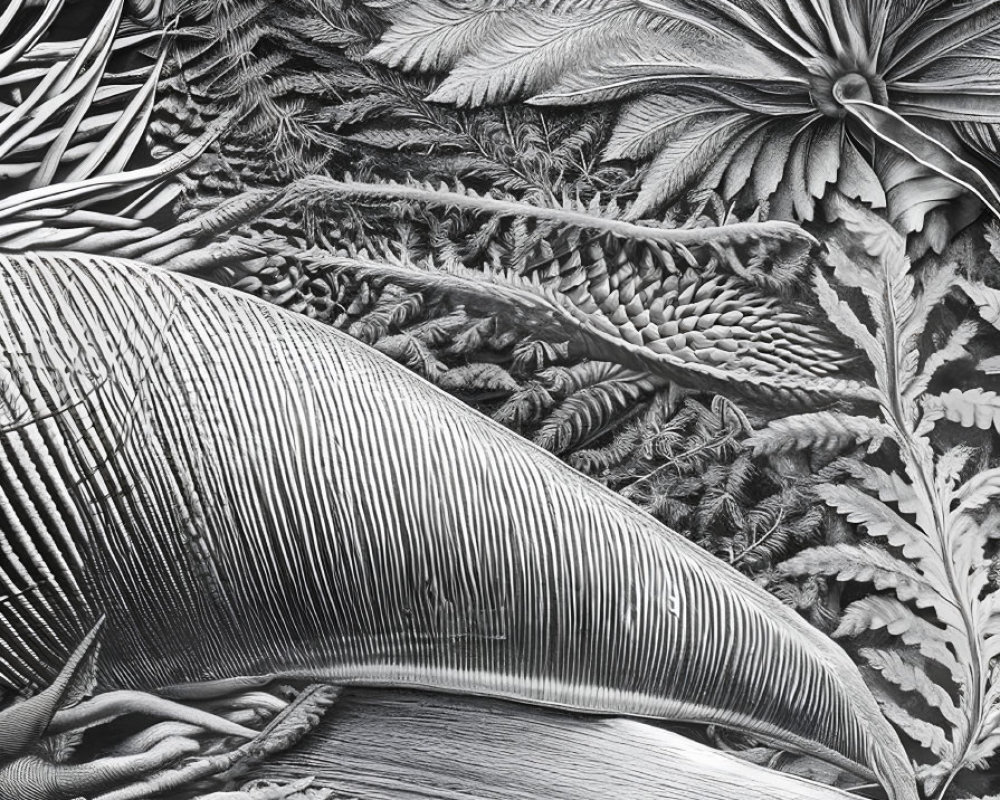 Detailed Monochrome Botanical Illustration of Textured Leaves and Plants