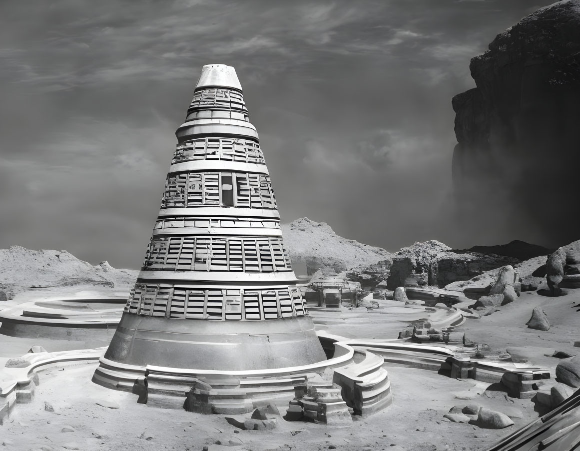 Futuristic tower with spiraling ramps in rocky landscape