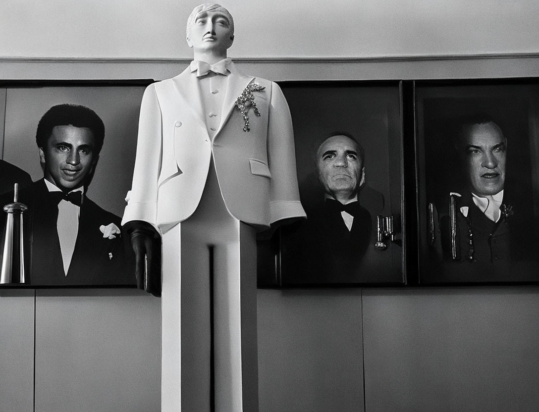 Mannequin in White Tuxedo with Framed Photos of Distinguished Men