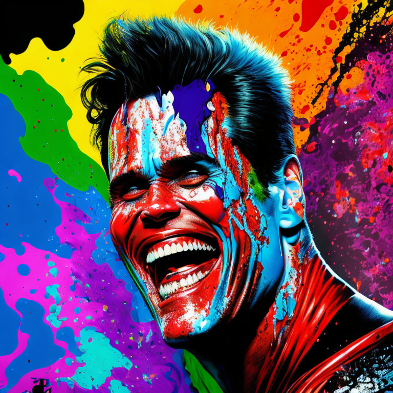 Colorful Paint Splattered Man with Mohawk Hairstyle on Multicolored Background