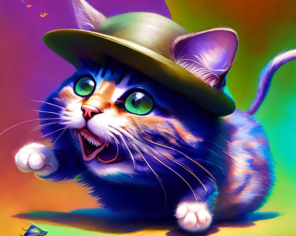 Colorful illustration of a happy cat in green hat chasing butterflies