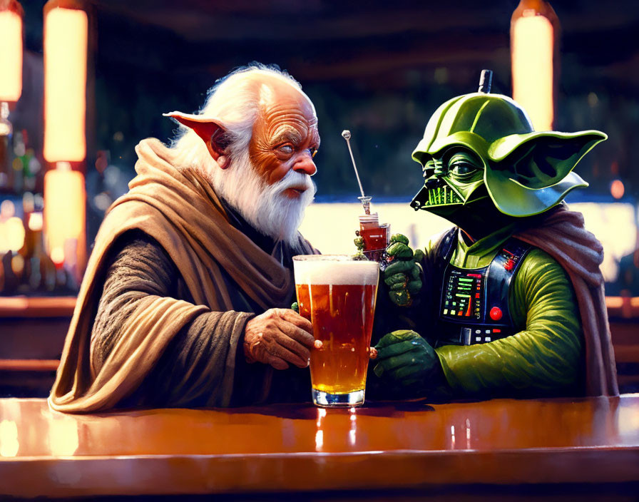 Digital artwork featuring Yoda and Darth Vader at a bar