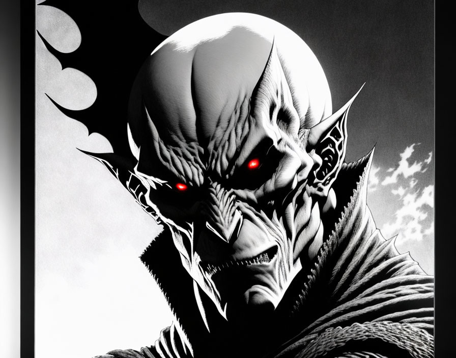 Illustration of menacing character with pointed ears and glowing red eyes