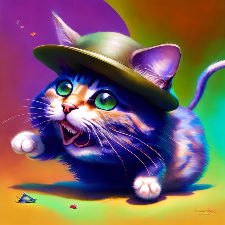 Colorful illustration of a happy cat in green hat chasing butterflies