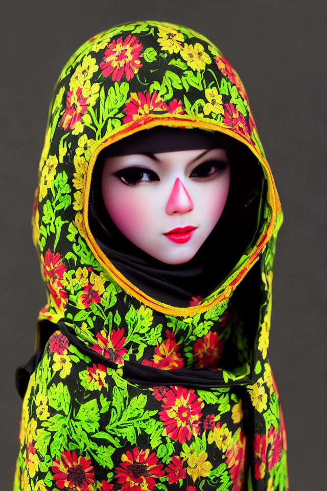 Porcelain doll with colorful floral hood on black background