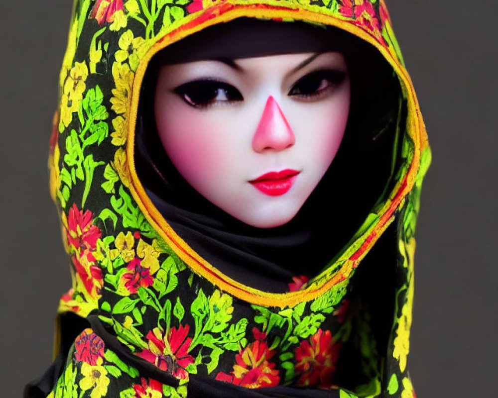 Porcelain doll with colorful floral hood on black background