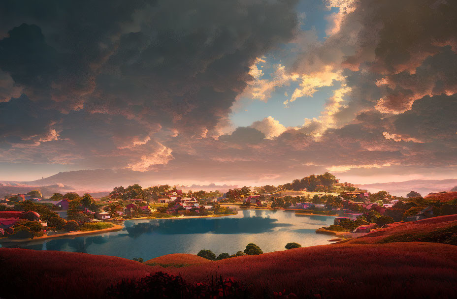 Scenic village by lake at sunset with dramatic sky