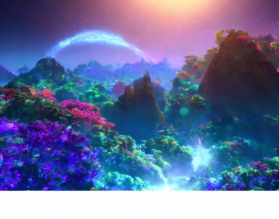 Colorful Fantasy Landscape with Luminous Plants and Mystical Sky