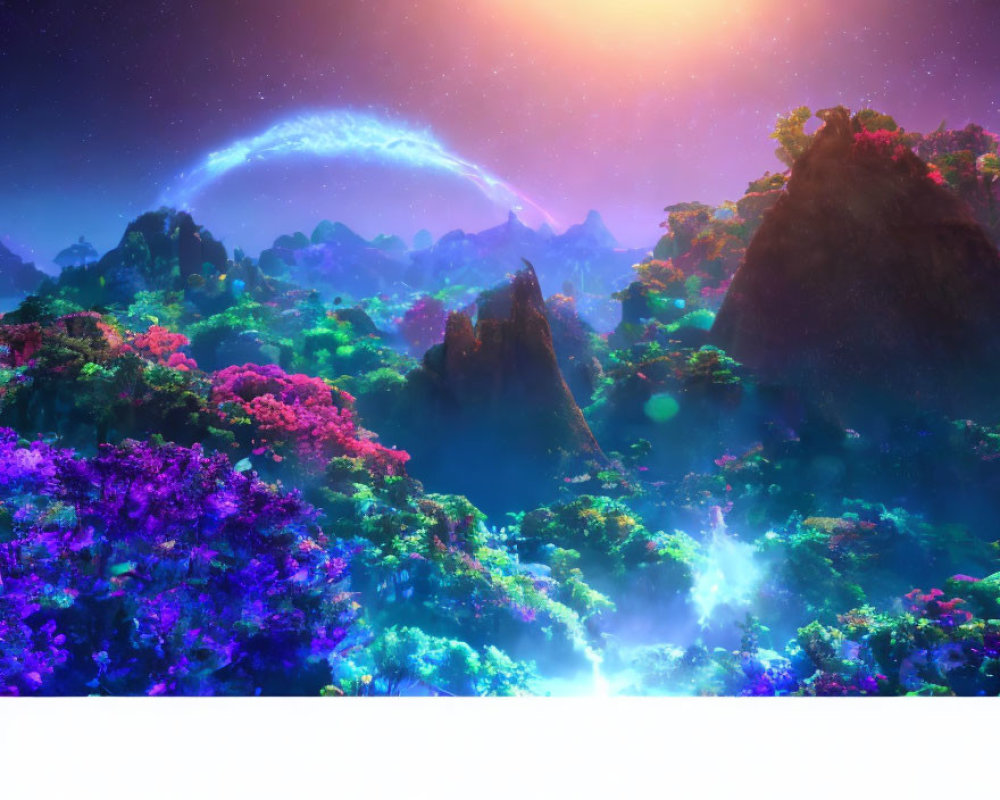Colorful Fantasy Landscape with Luminous Plants and Mystical Sky