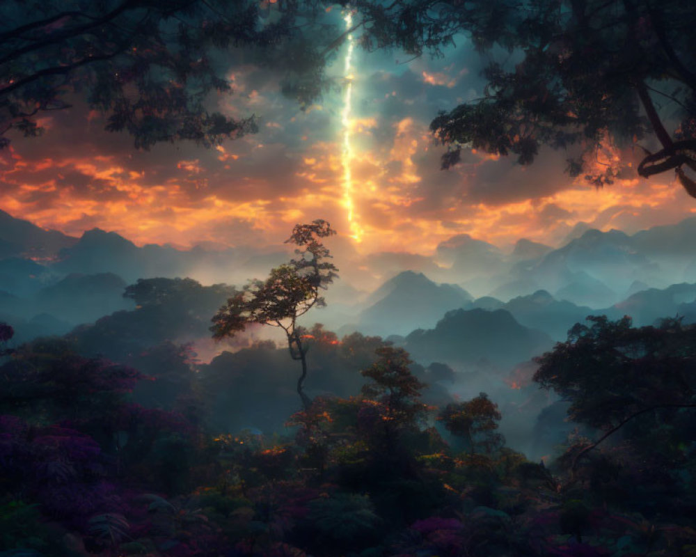 Vibrant Flora in Mystical Forest at Sunset