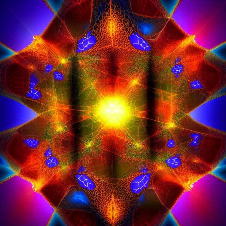 Colorful Abstract Fractal Design with Luminous Central Point and Symmetrical Mesh Patterns