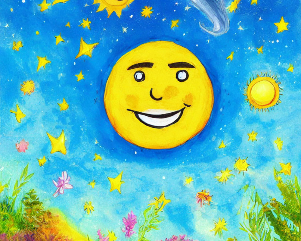 Colorful painting of smiling sun, stars, planets, and flowers on blue background