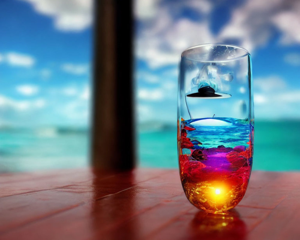 Colorful liquid in vibrant glass with miniature boat on tropical beach background