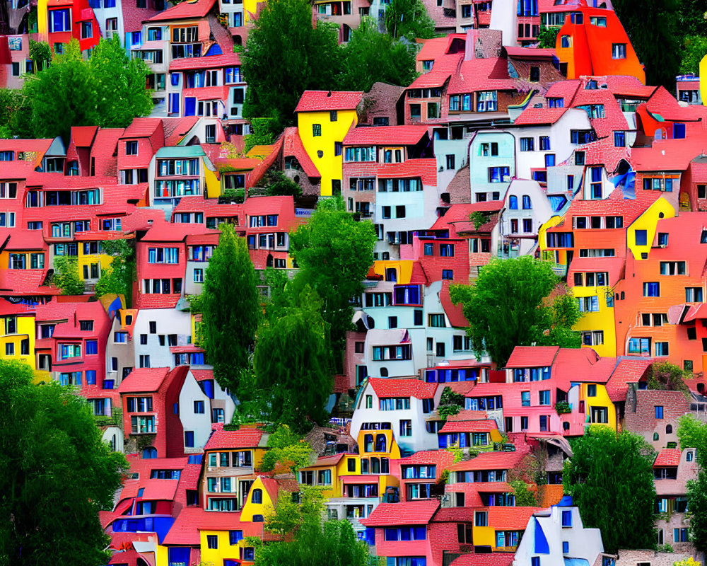 Vibrant hillside with colorful houses and red roofs nestled in greenery