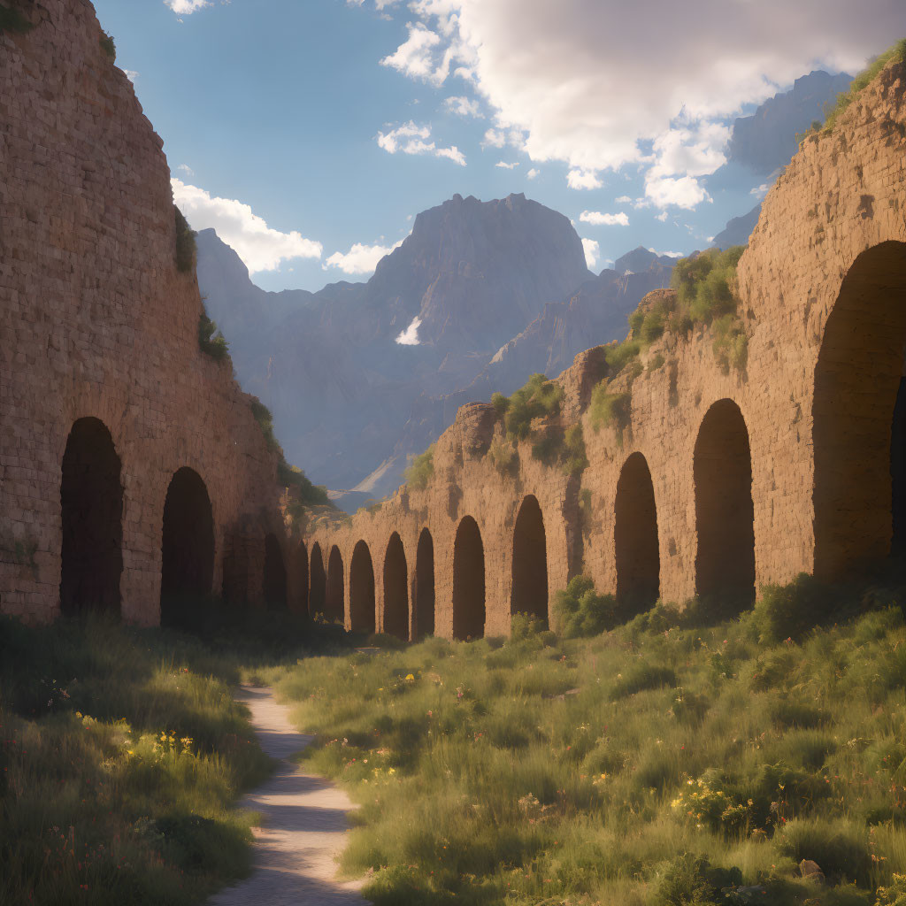 Ancient aqueduct with large arches in lush valley with dirt path and rugged mountains.