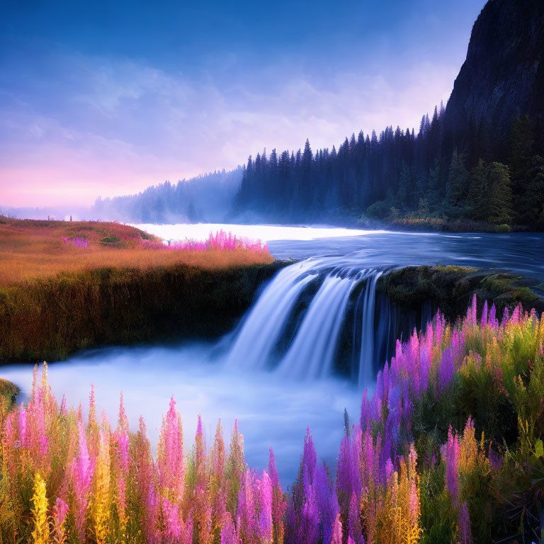 Tranquil waterfall in lush meadow with purple flowers and misty forest cliff under pink sky