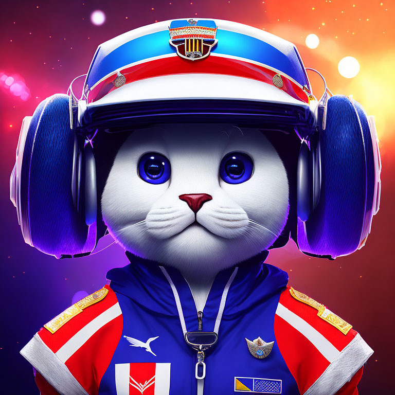 Colorful Cartoon Cat in Firefighter Uniform with Bokeh Lights