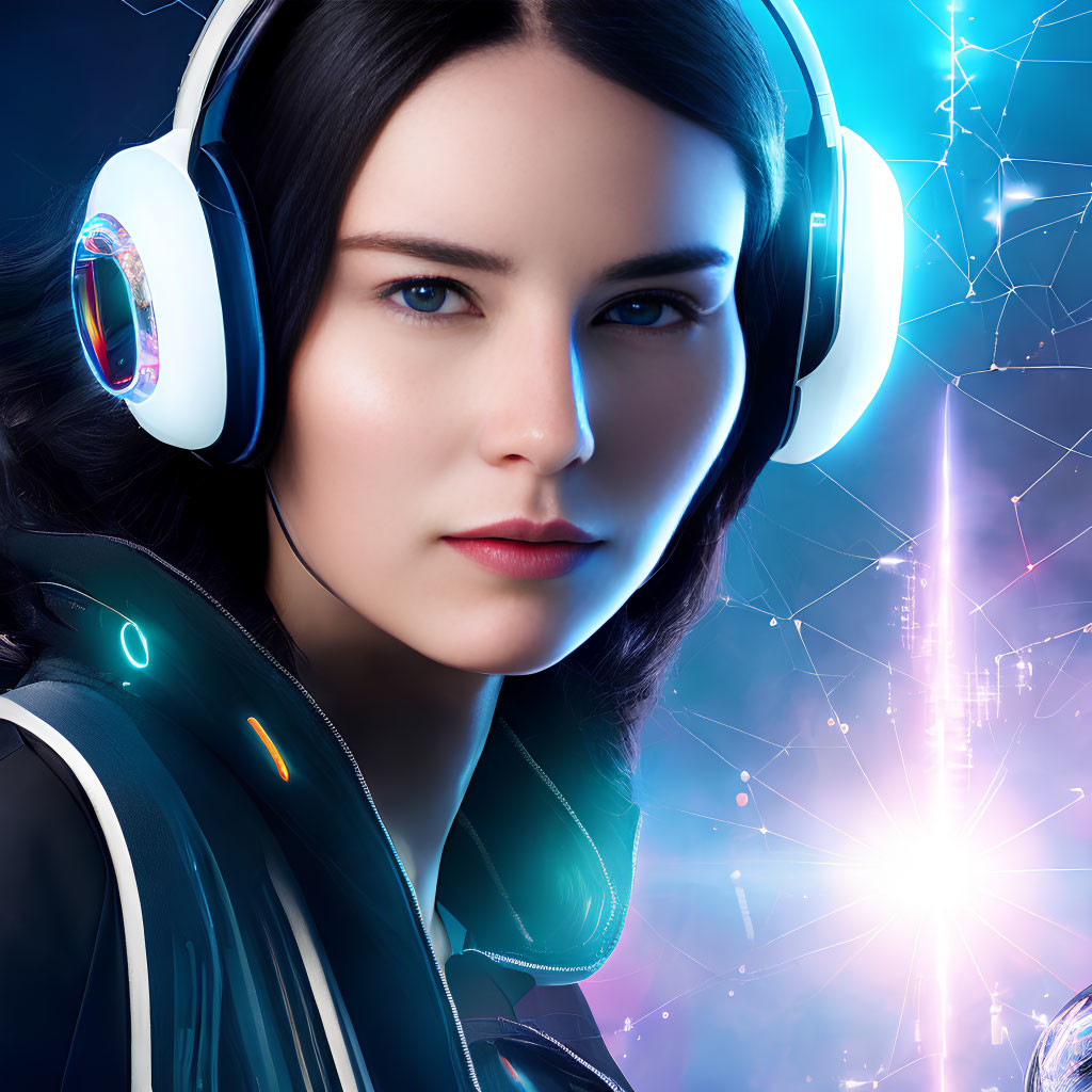 Woman in headphones with neon lights and digital graphics.