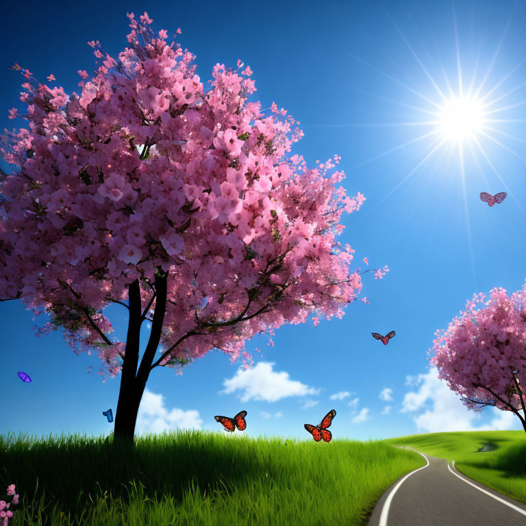 Colorful cherry blossoms and butterflies under sunny sky by winding road