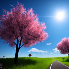 Colorful cherry blossoms and butterflies under sunny sky by winding road