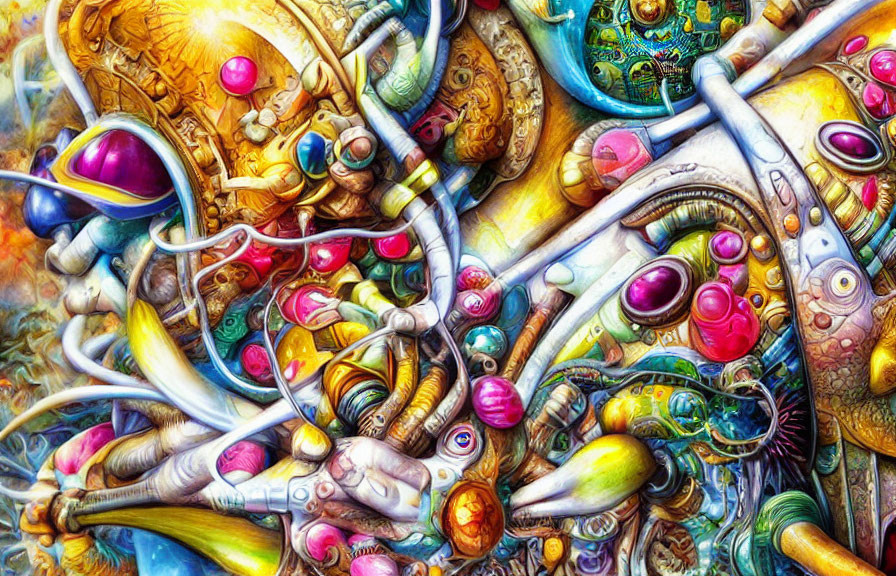 Vibrant abstract art with organic shapes, eyes, and iridescent blobs