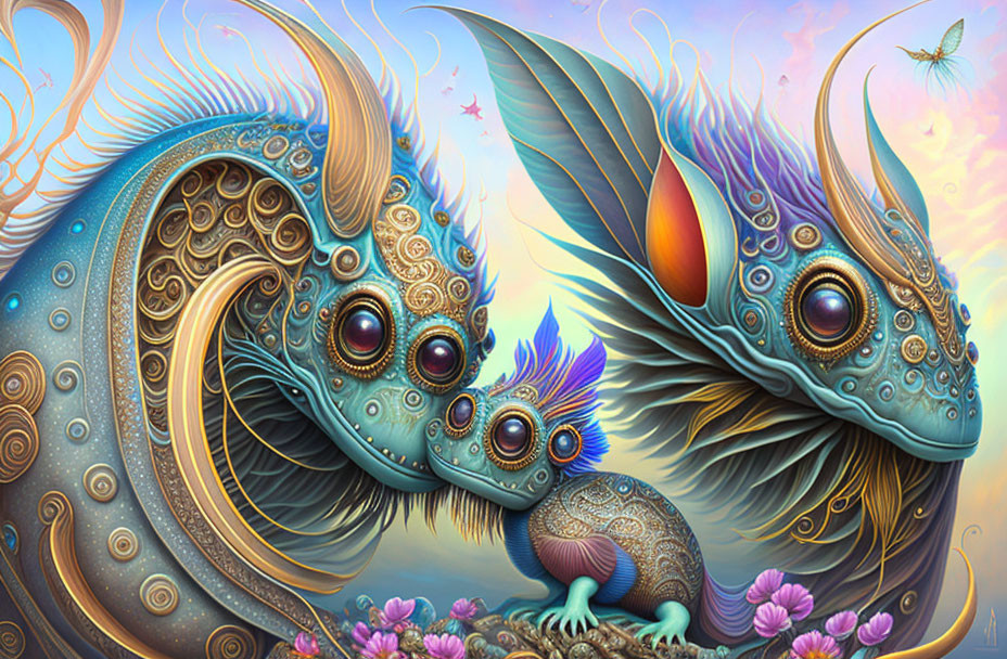 Colorful digital artwork: whimsical creatures with ornate patterns and multiple eyes in fantastical setting.