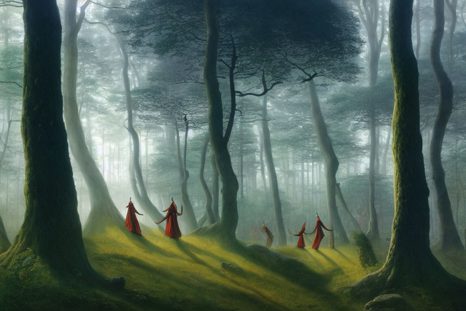 Ethereal forest scene with figures in red cloaks amid towering trees