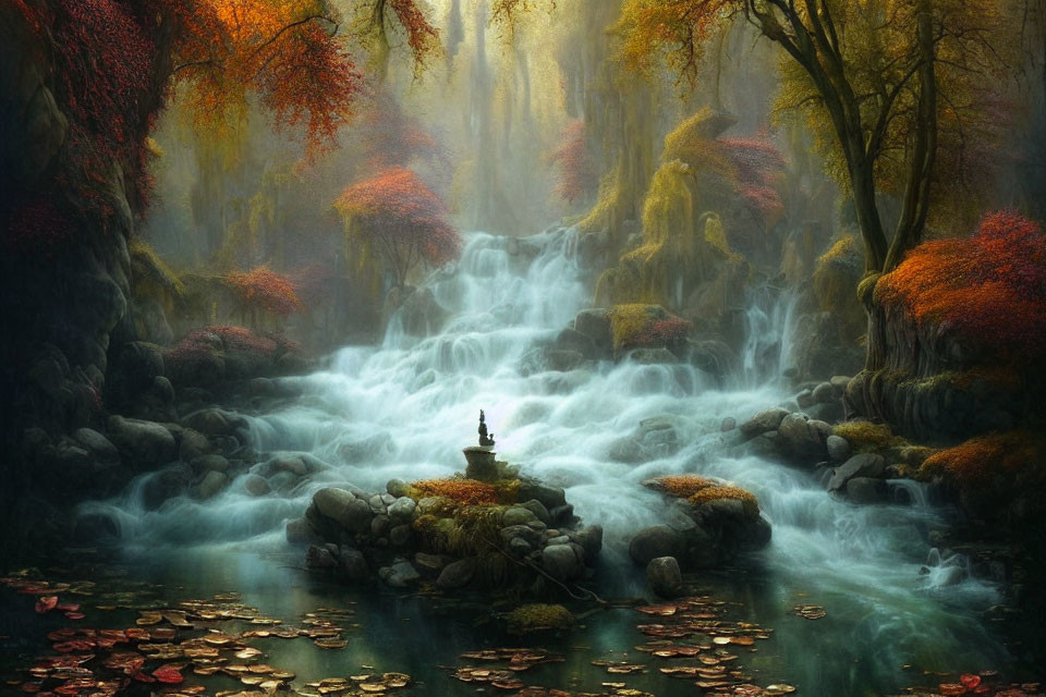 Ethereal autumnal waterfall surrounded by lush trees and lantern on rock island