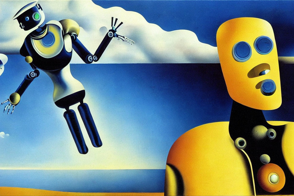 Surreal image of two stylized robots in silver and gold against a blue sky