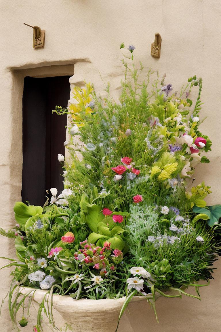 Colorful flowers in wall planter near wooden door with sculptural elements