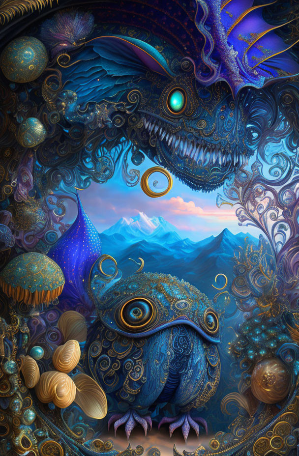 Fantastical digital artwork: Vibrant dragons, ethereal mountains, lush aquatic elements