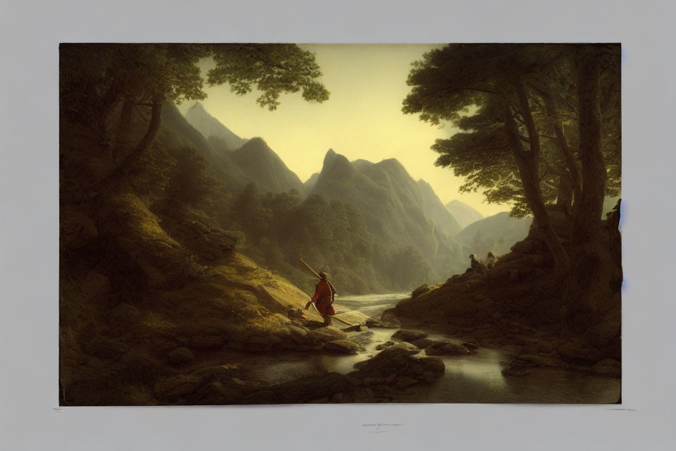 Serene landscape painting: Figure in red crossing stream, mountains, trees, soft glowing sky