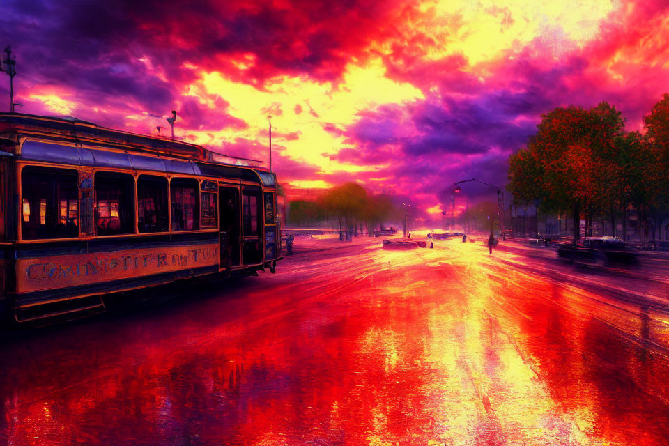 Tram moving under vibrant purple and orange sunset sky