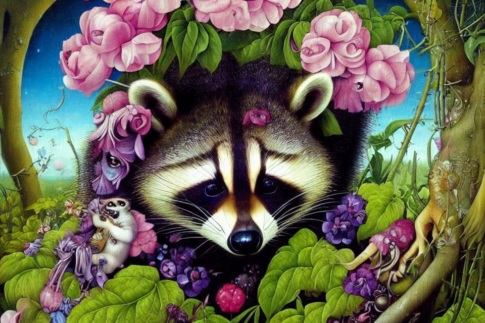 Colorful raccoon in lush garden with fairy creatures