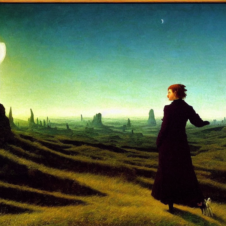 Woman in dark dress with dog on grassy knoll at twilight landscape.