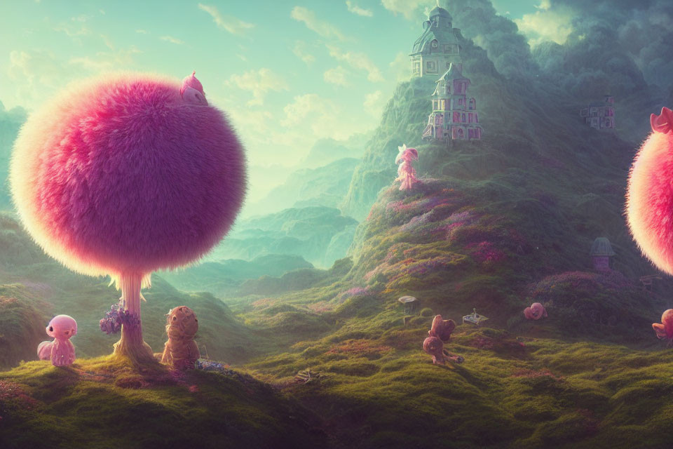 Whimsical landscape with pink trees, creatures, and castle in green hills