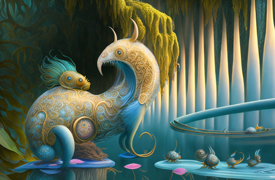 Fantastical image of mythical snail-like creatures in enchanted forest