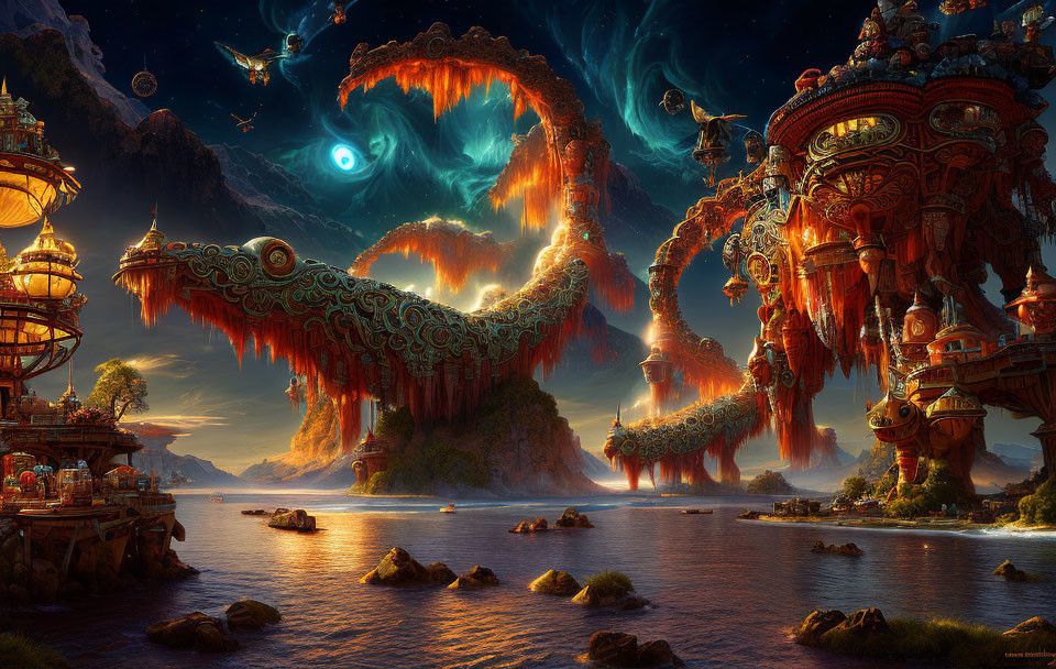 Colossal Red Dragon in Fantastical Dusk Landscape